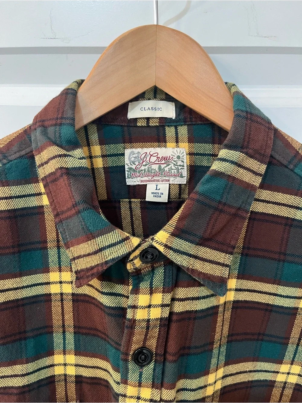 J.Crew Mid Weight Flannel‎ Regenerative Cotton Brown Plaid Shirt Mens Size Large